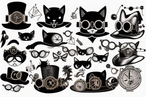 Black cat with goggles and hat in steampunk style tattoo idea