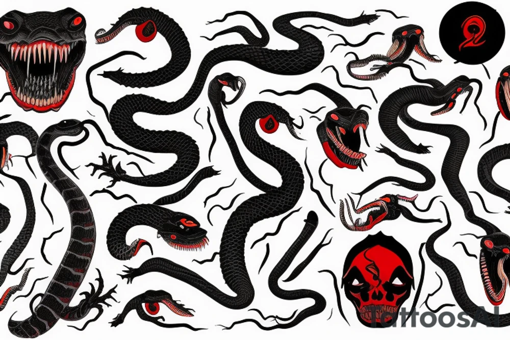 One deathly Black and red angry snake with open mouth for arm like a photo tattoo idea