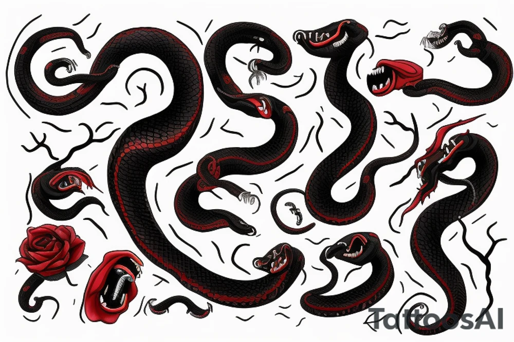 One deathly Black and red angry snake with open mouth for arm like a photo tattoo idea