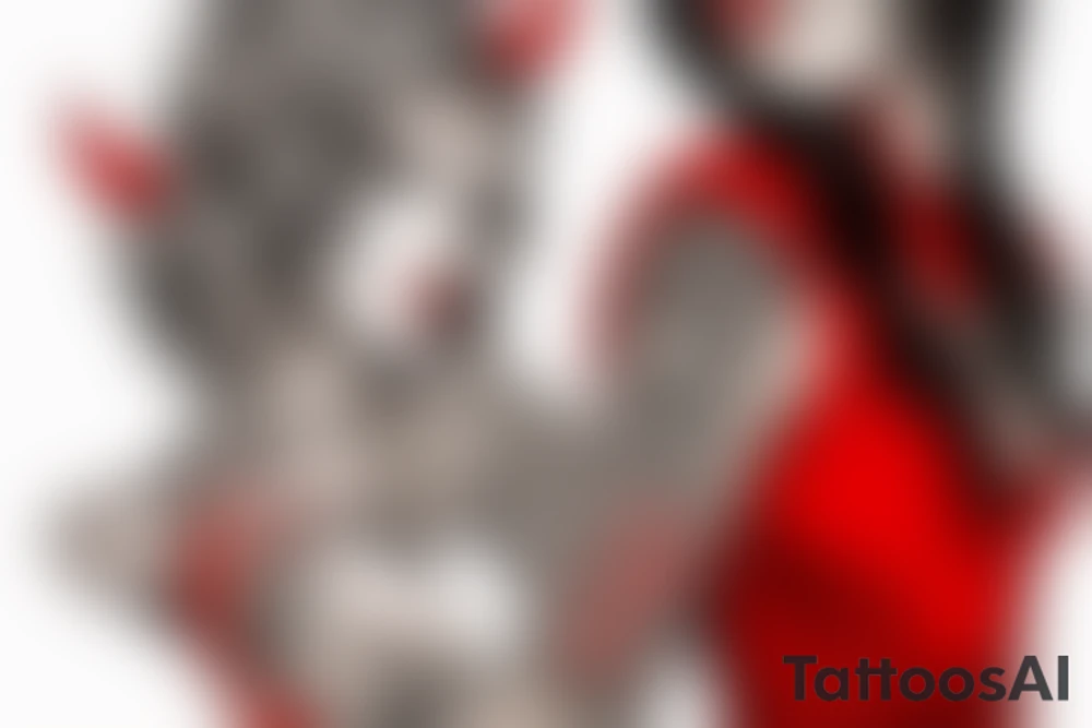 Devil girl wearing red low cut dress, above the waist portrait tattoo idea
