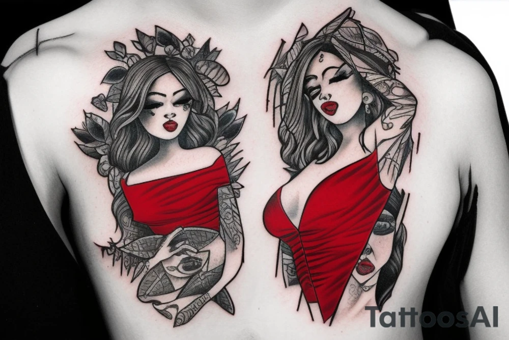 Devil girl wearing red low cut dress, above the waist portrait tattoo idea