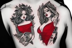 Devil girl wearing red low cut dress, above the waist portrait tattoo idea