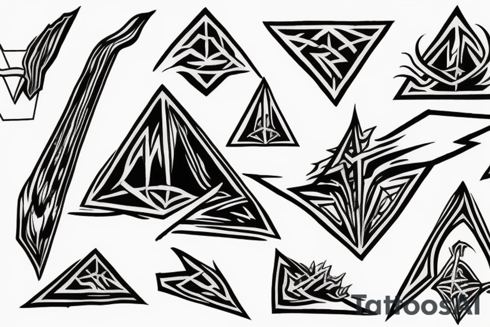 Death metal logo, triangular elongated shape, oil smudges tattoo idea