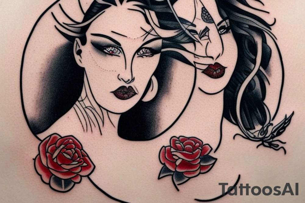 Devil girl wearing a red low cut dress tattoo idea