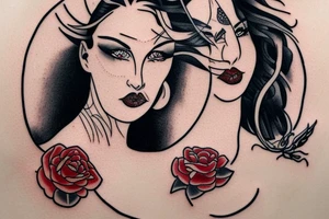 Devil girl wearing a red low cut dress tattoo idea