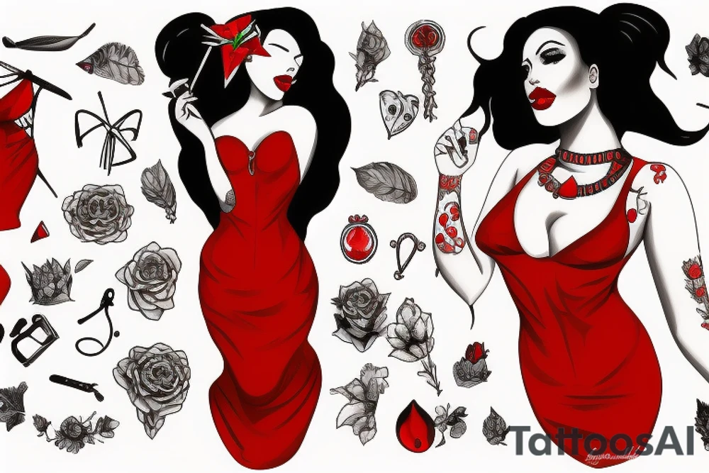 Devil girl wearing a red low cut dress tattoo idea