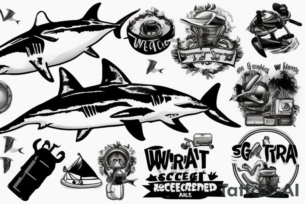 Great white shark with a scooba diving equipment tattoo idea