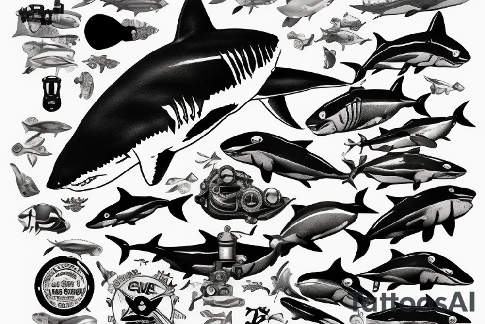 Great white shark with a scuba diving equipment tattoo idea Great white shark with a scuba diving equipment tattoo idea