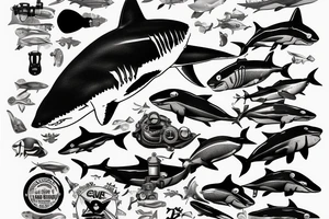 Great white shark with a scuba diving equipment tattoo idea