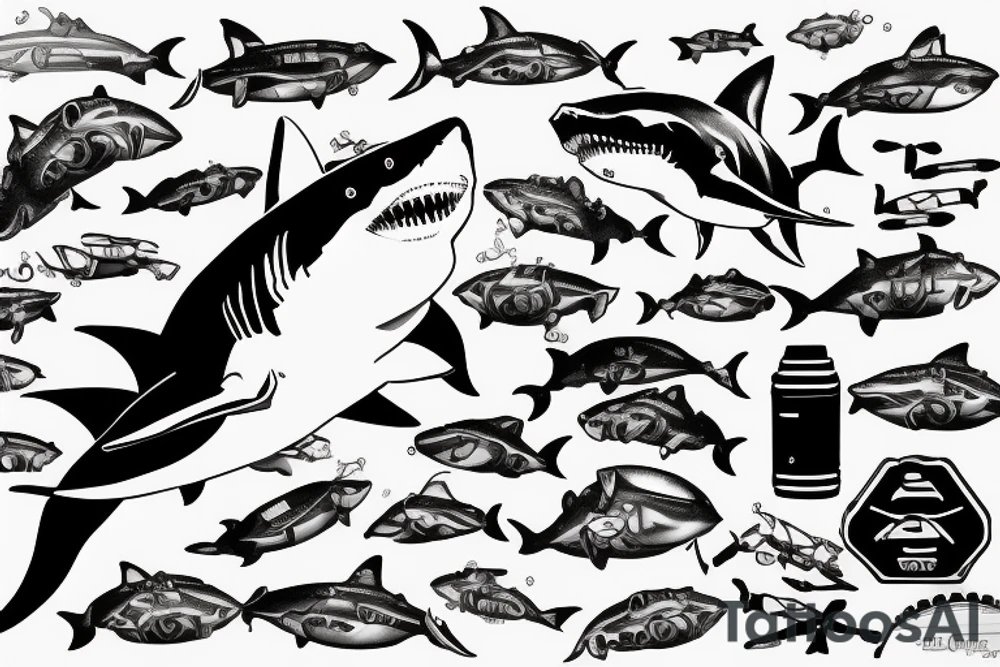 Great white shark with a scuba diving equipment tattoo idea Great white shark with a scuba diving equipment tattoo idea