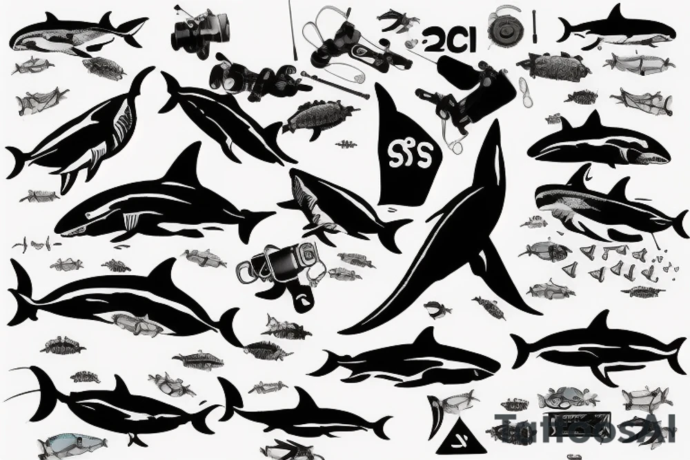 Great white shark with a scuba diving equipment tattoo idea