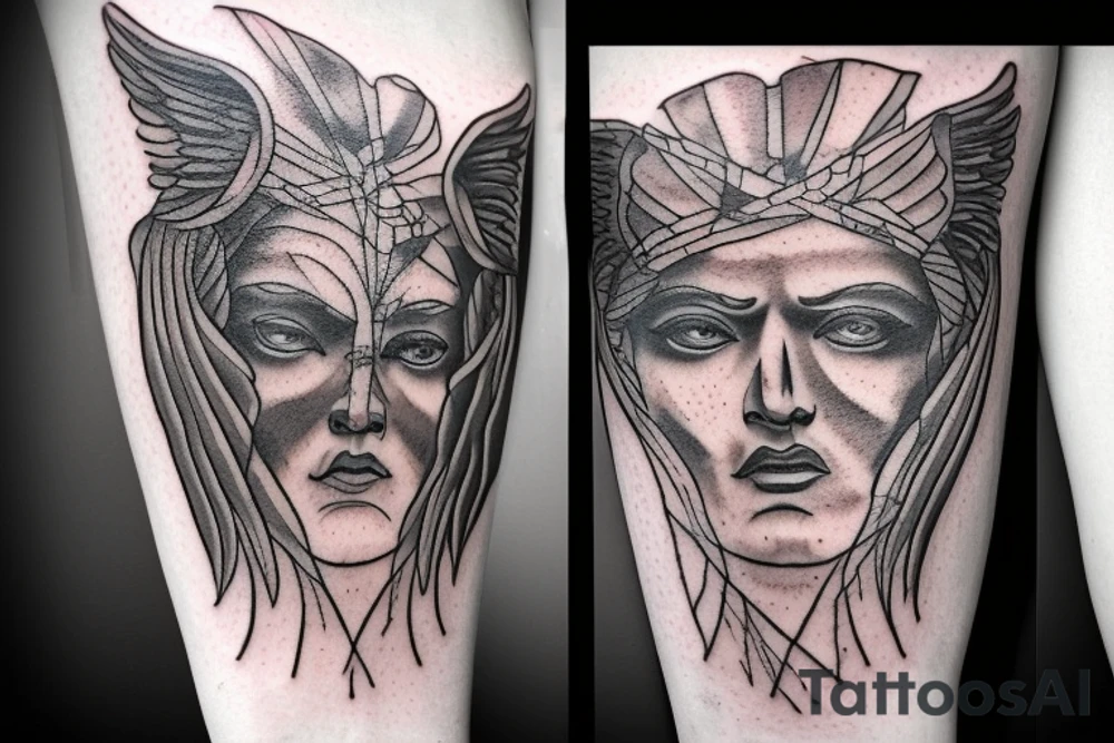 Stoic tattoos on the left forearm, there will be space between the tattoos. First one will be the fallen angel Lucifer, the second will be a Greek statue head tattoo with a red accent, the third will be a raven with outstretched wings tattoo idea