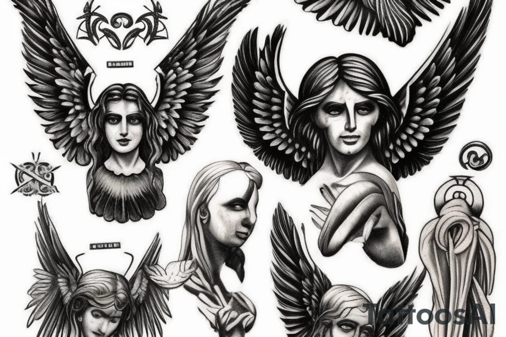 Stoic tattoos on the left forearm, there will be space between the tattoos. First one will be the fallen angel Lucifer, the second will be a Greek statue head tattoo with a red accent, the third will be a raven with outstretched wings tattoo idea
