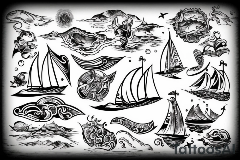 Sailing sea surfing destination get lost and Happy wind connection tattoo idea