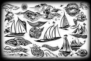 Sailing sea surfing destination get lost and Happy wind connection tattoo idea