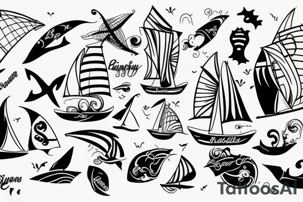Sailing sea surfing destination get lost and Happy wind connection tattoo idea