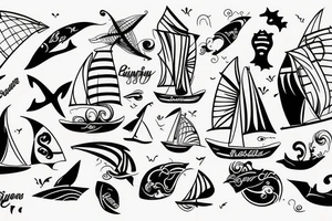 Sailing sea surfing destination get lost and Happy wind connection tattoo idea
