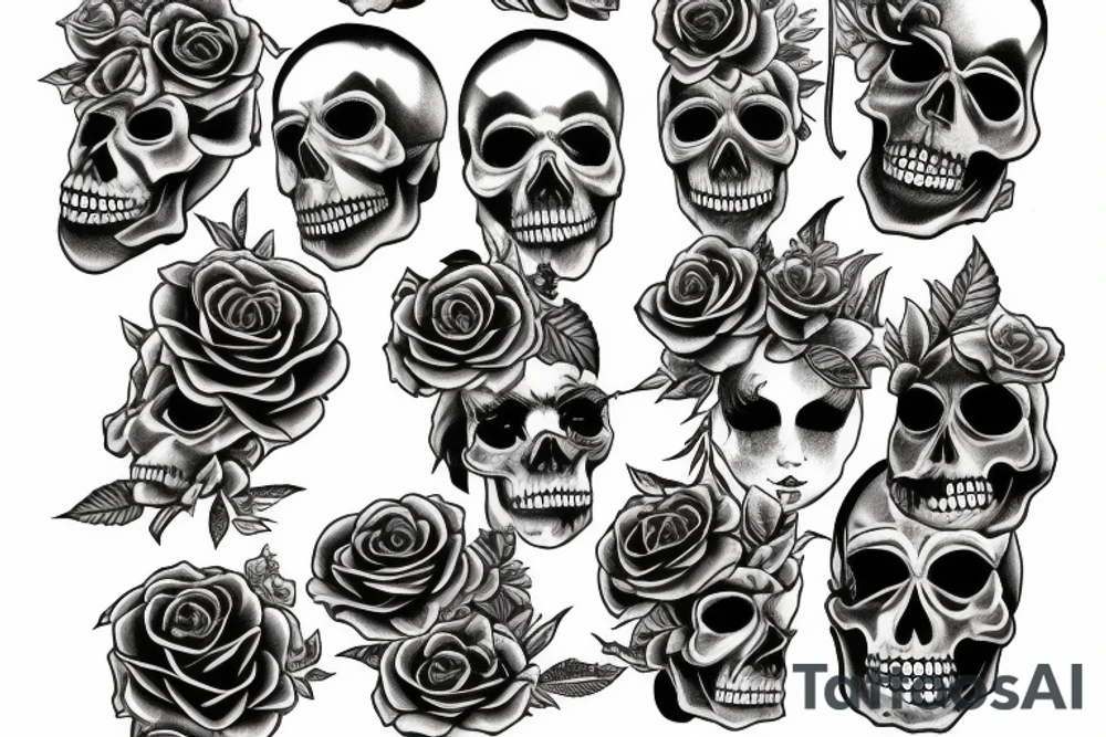 full sleeve tattoo, mental health, skulls, roses tattoo idea