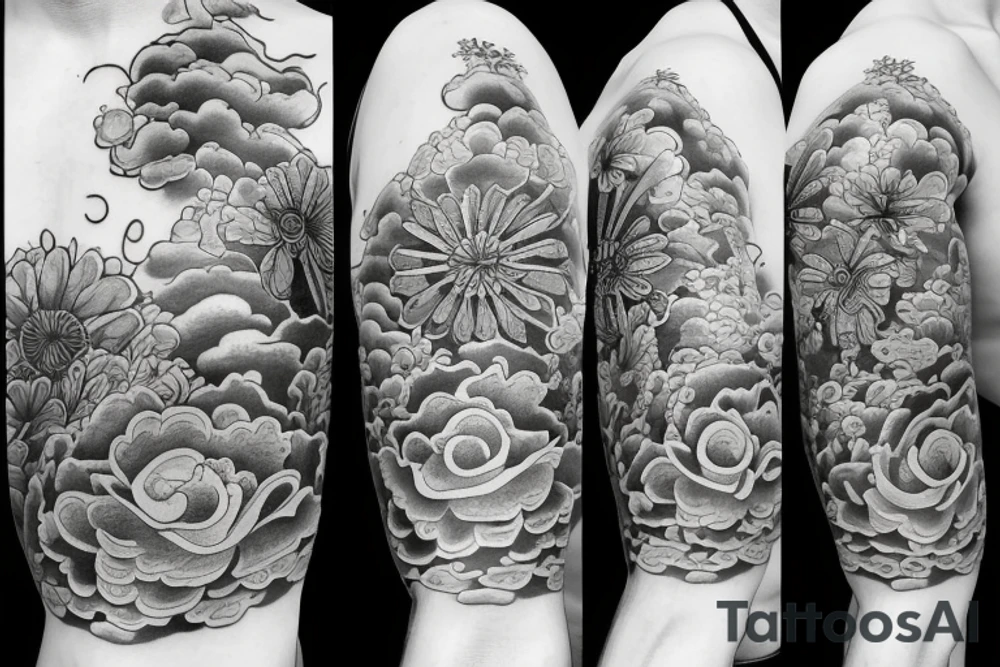 Asian tattoo with flowers and the sea view tattoo idea