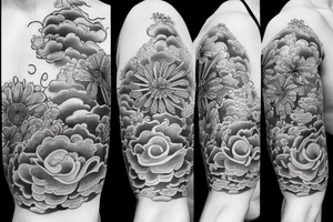 Asian tattoo with flowers and the sea view tattoo idea