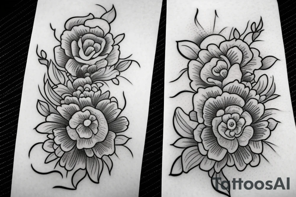 Asian tattoo with flowers and the sea view tattoo idea