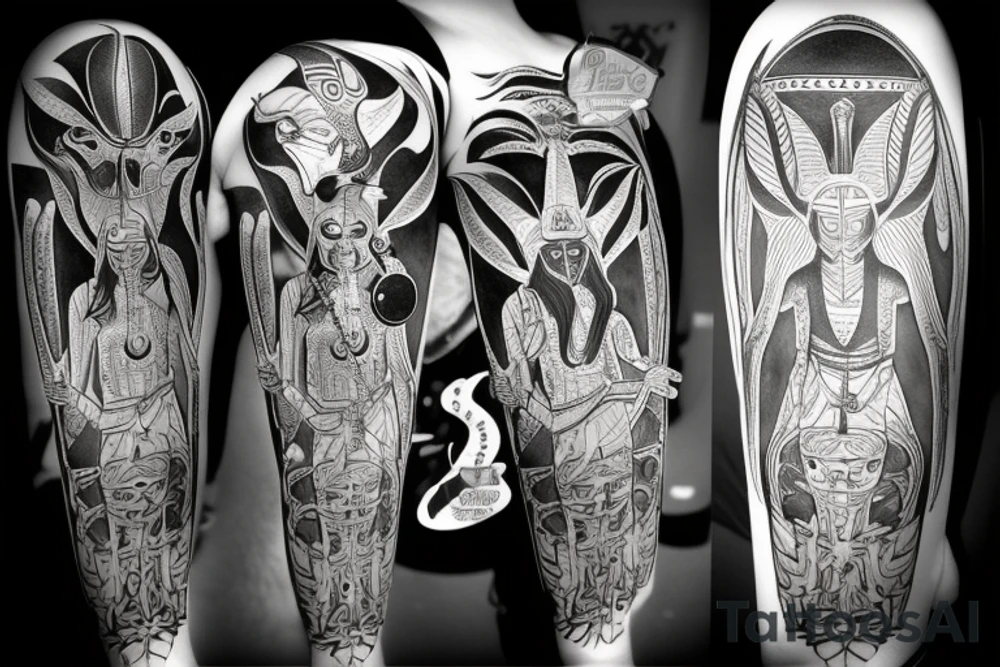 anubis , ankh , balance with earth and plum and orus eyes tattoo idea