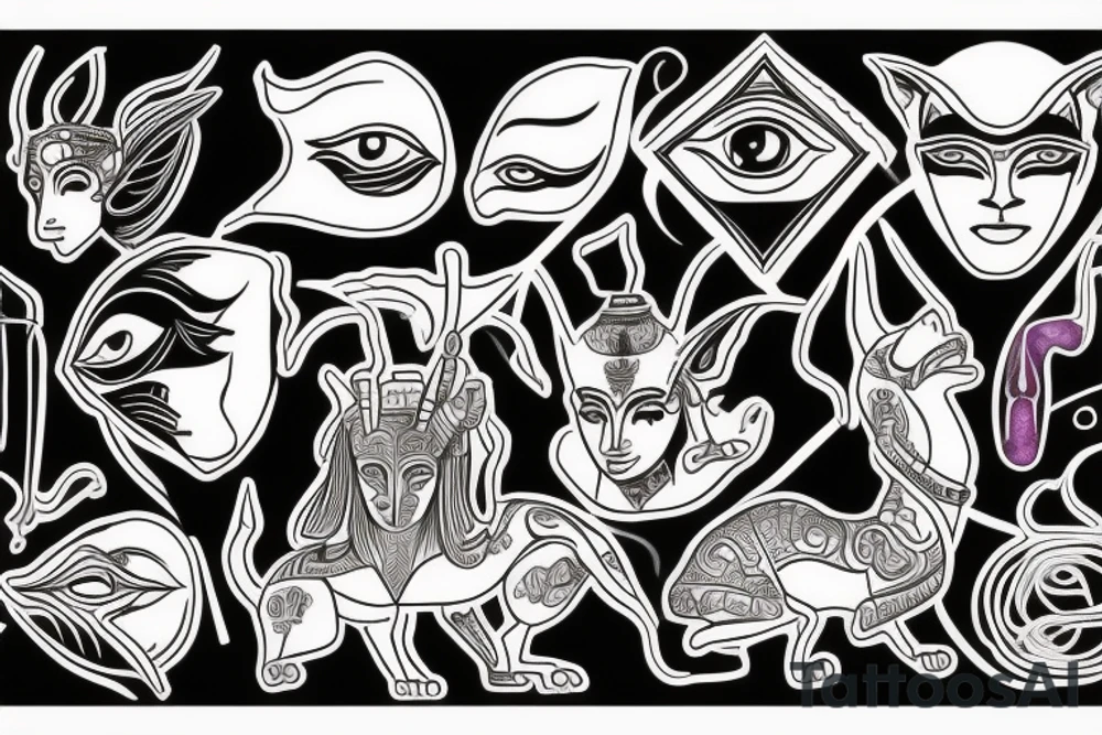 anubis , ankh , balance with earth and plum and orus eyes tattoo idea