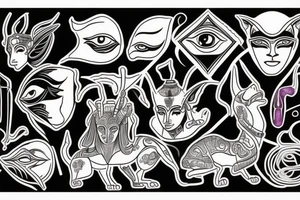anubis , ankh , balance with earth and plum and orus eyes tattoo idea