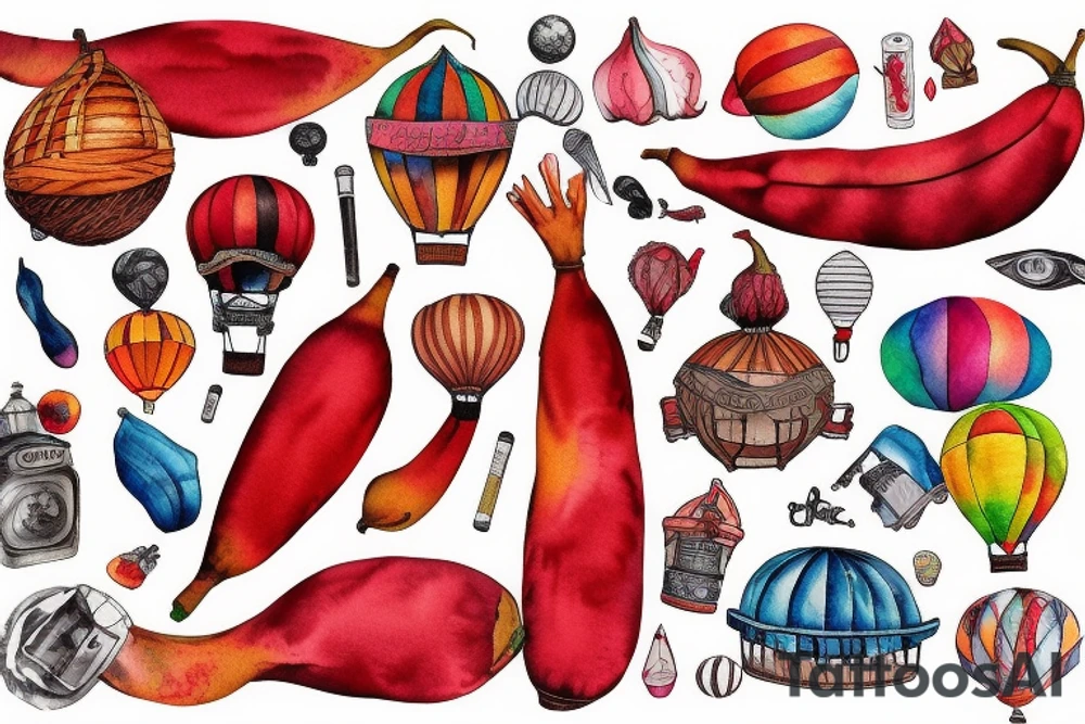 Red banana in a hot air balloon tattoo idea
