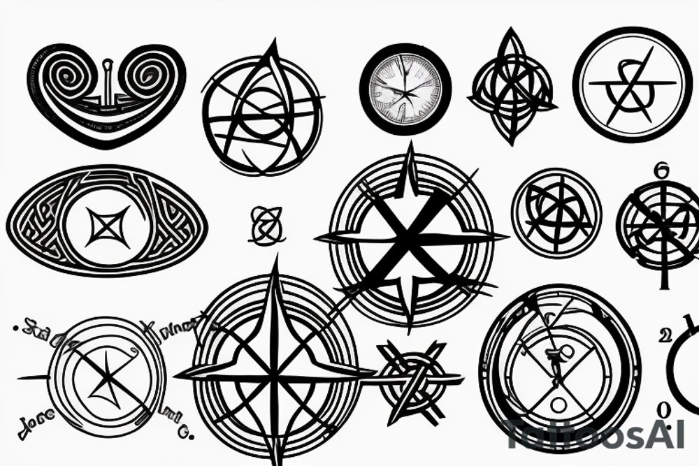 Atom, compass, clock face, unalome, triquetra tattoo idea