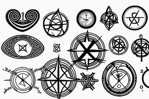 Atom, compass, clock face, unalome, triquetra tattoo idea