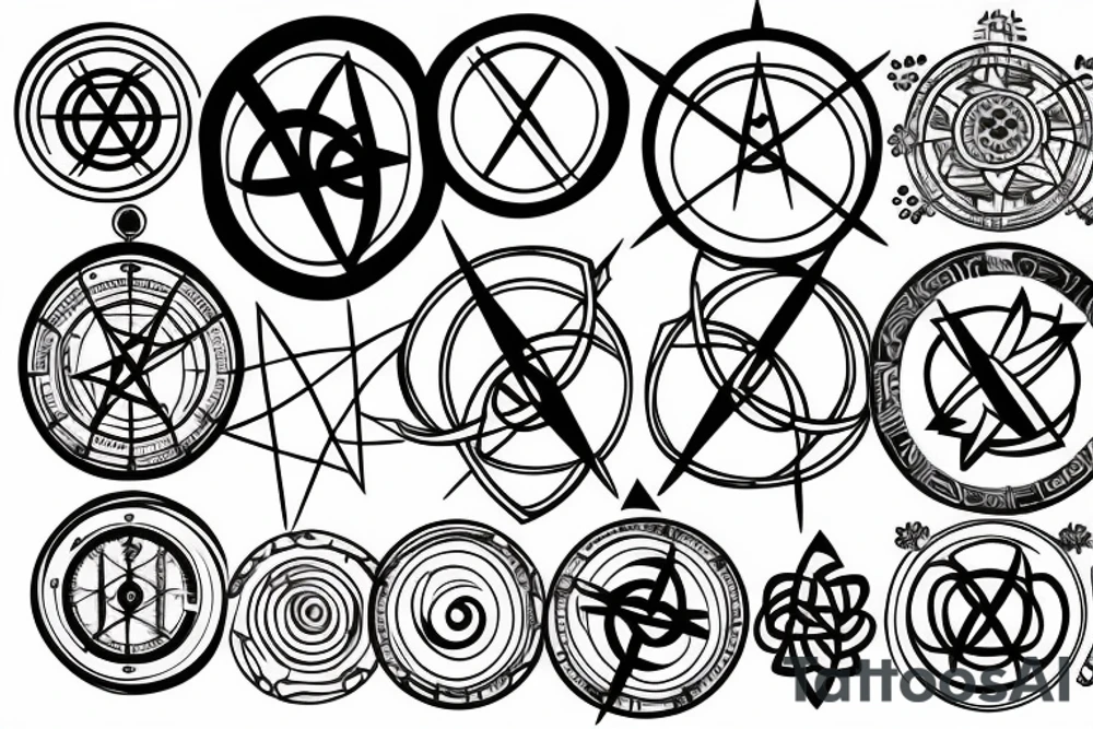 Atom, compass, clock face, unalome, triquetra tattoo idea