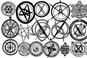 Atom, compass, clock face, unalome, triquetra tattoo idea