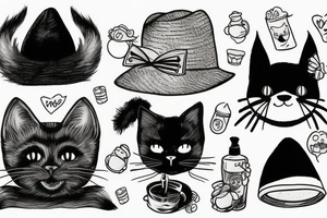 Black cat with a funny hat and sweater tattoo idea