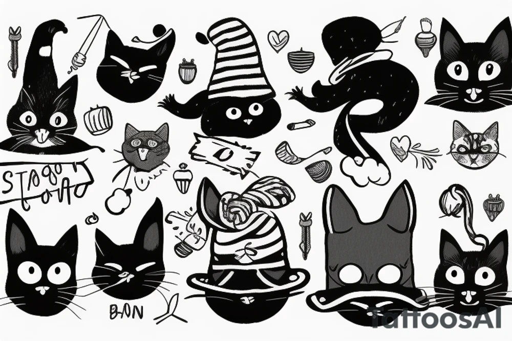 Black cat with a funny hat and sweater tattoo idea