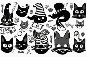 Black cat with a funny hat and sweater tattoo idea