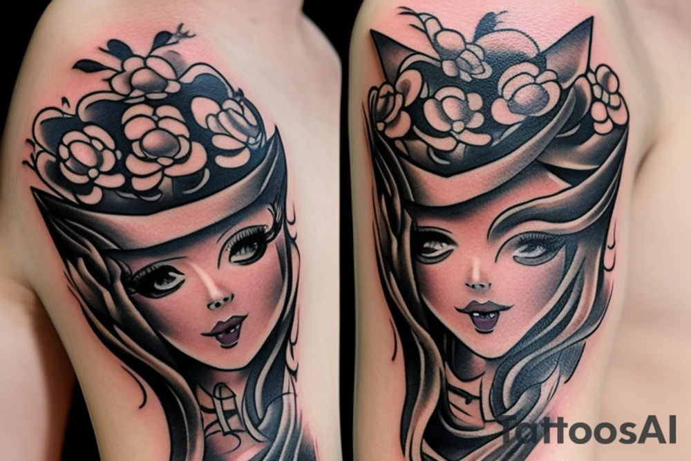 Девушка с катаной в японской шляпе, в окружении волков tattoo idea