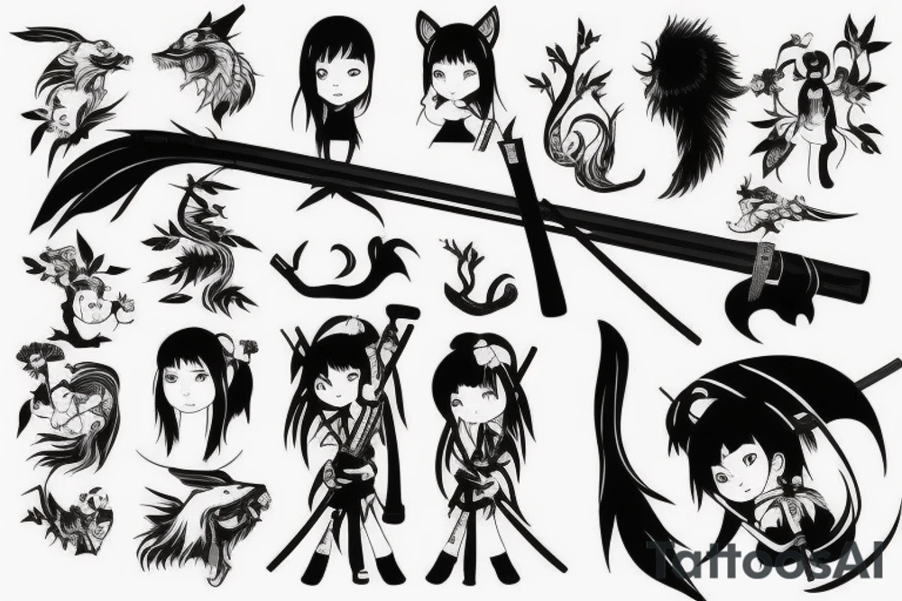 A girl with a katana in the woods who fights wolves attacking her tattoo idea