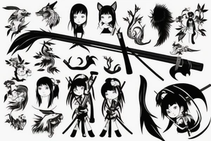 A girl with a katana in the woods who fights wolves attacking her tattoo idea