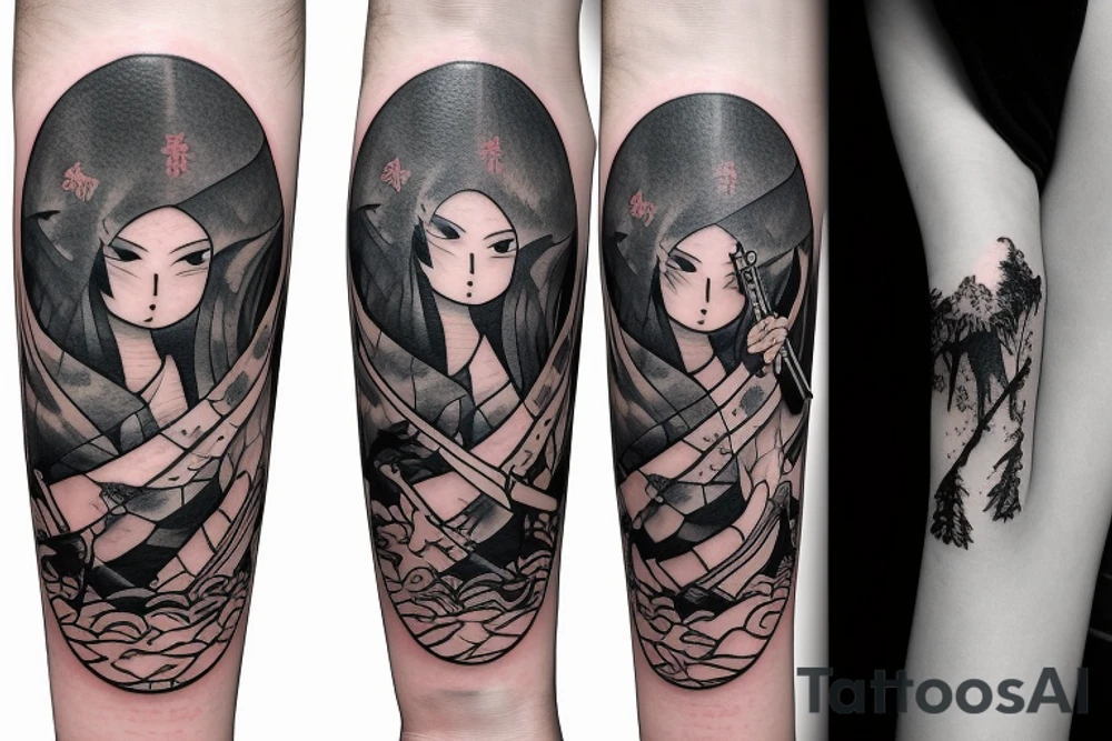 A girl with a katana in the woods who fights wolves attacking her tattoo idea