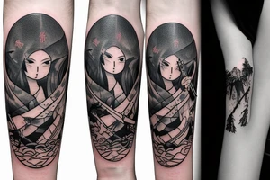 A girl with a katana in the woods who fights wolves attacking her tattoo idea