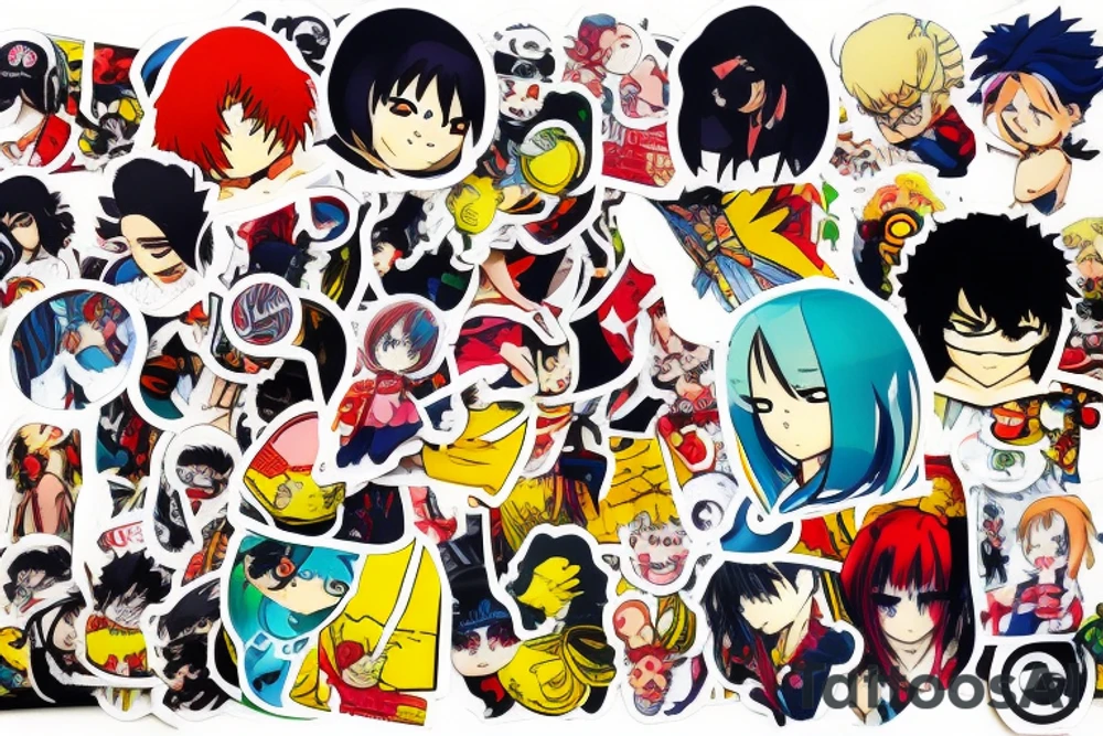 anime characters, sticker, pop art style, vintage style, comics art retro style, bright, sticker, 2D, product shot, professional photography, studio lighting, used for marketing purpose, bright, without background tattoo idea