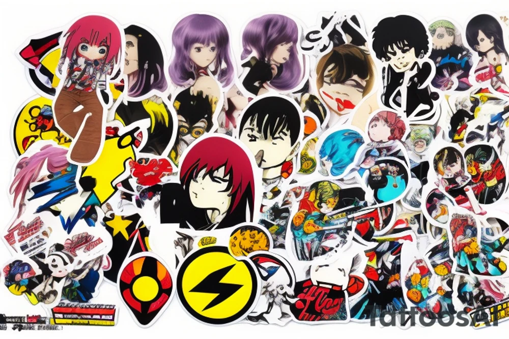 anime characters, sticker, pop art style, vintage style, comics art retro style, bright, sticker, 2D, product shot, professional photography, studio lighting, used for marketing purpose, bright, without background tattoo idea
