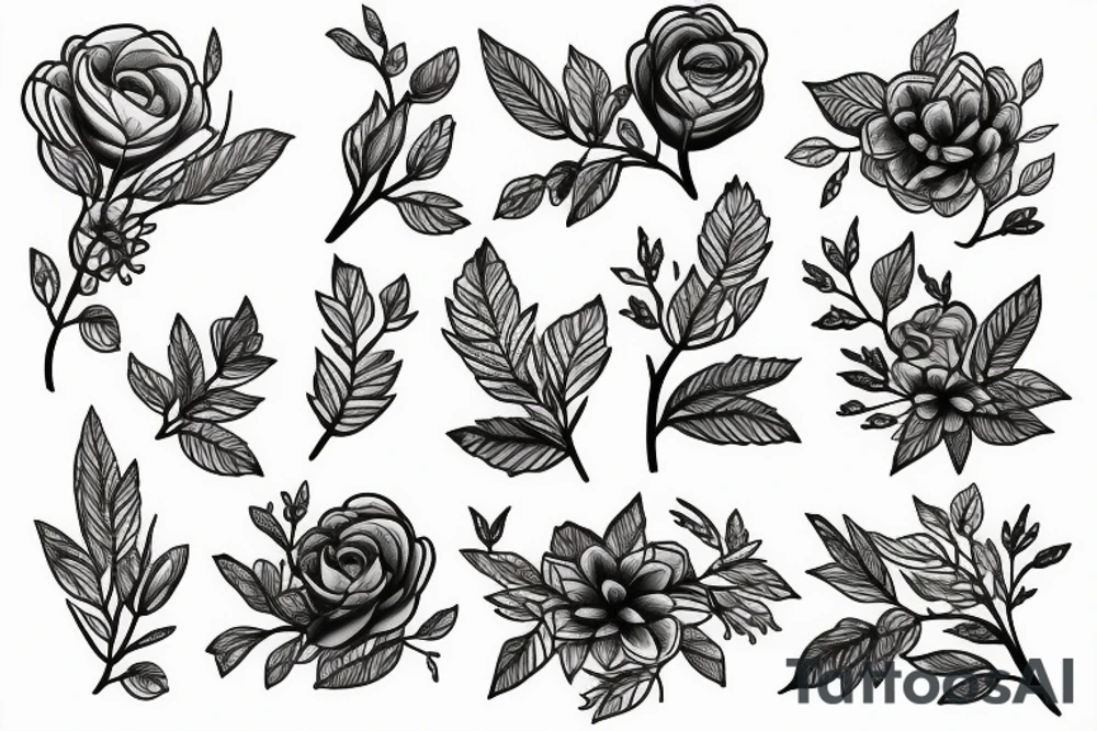 elegant green twig with flowers tattoo idea