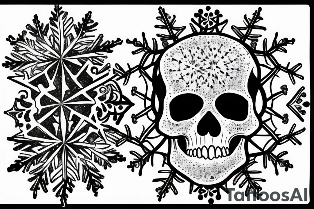 Skull infront of snowflake with frost around tattoo idea