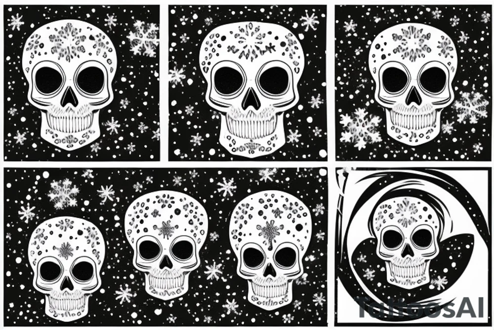 Skull infront of snowflake with frost around tattoo idea