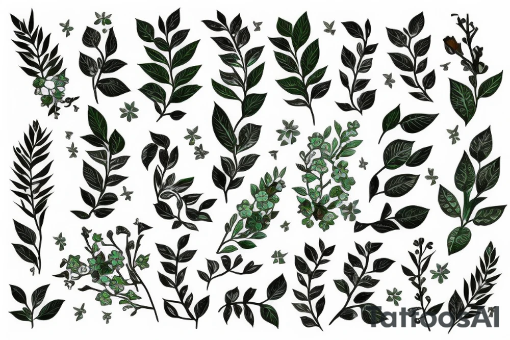 elegant green twig with flowers tattoo idea