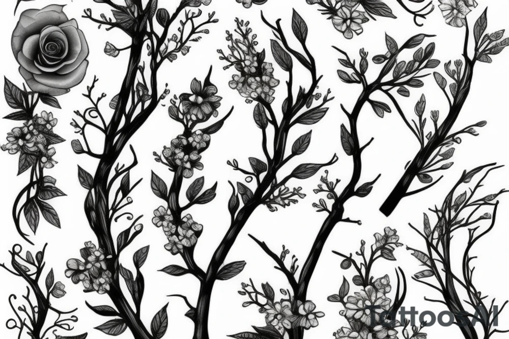 elegant green twig with flowers tattoo idea