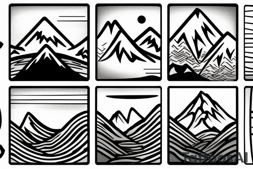 the words still waters, with a reflection and a mountain in the background tattoo idea