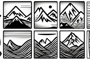 the words still waters, with a reflection and a mountain in the background tattoo idea